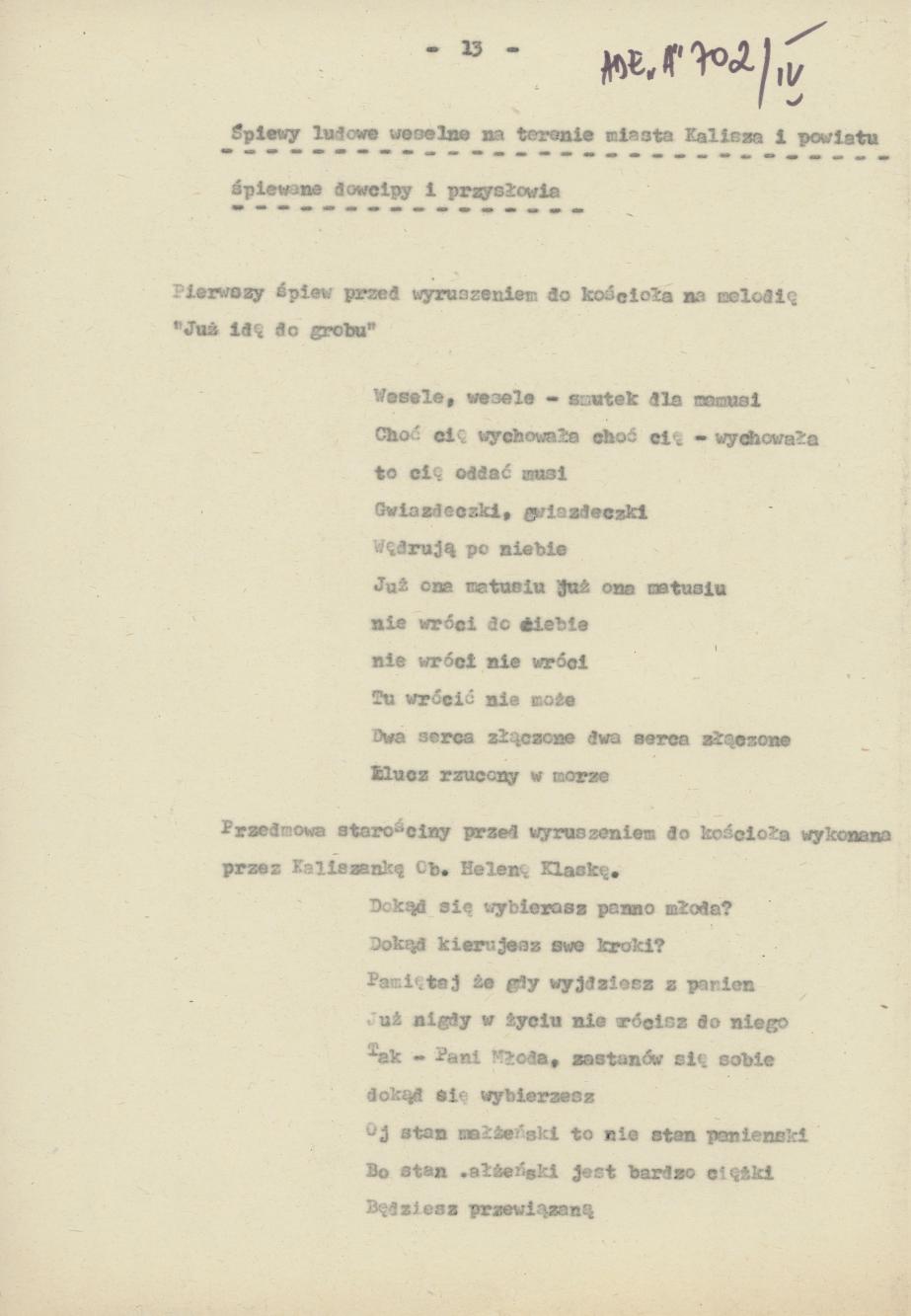 Śpiewy ludowe weselne na terenie miasta Kalisza i powiatu
