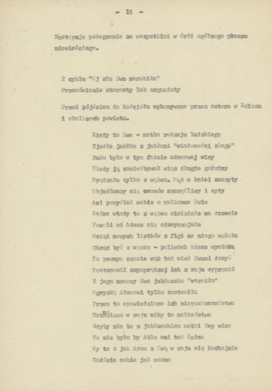 Śpiewy ludowe weselne na terenie miasta Kalisza i powiatu śpiewane, cz. 1