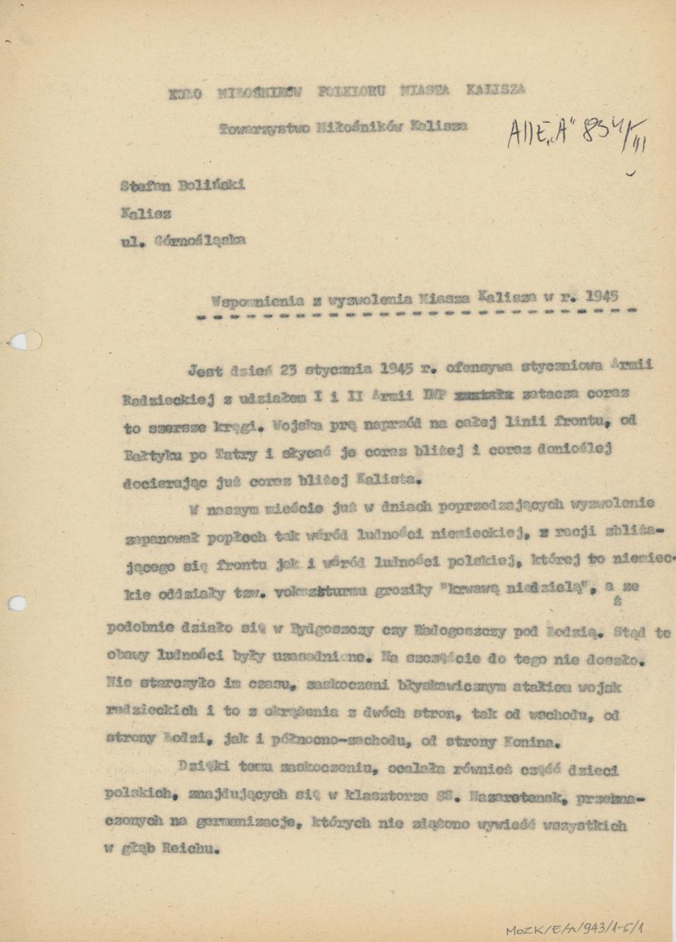 Wspomnienia z wyzwolenia Miasta Kalisza w r. 1945