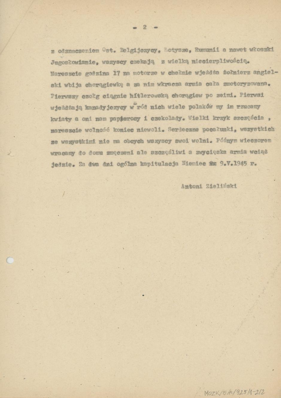 Wspomnienia z odzyskania wolności przez wojska aljanckie w Niemczech 7.V.1945 r.