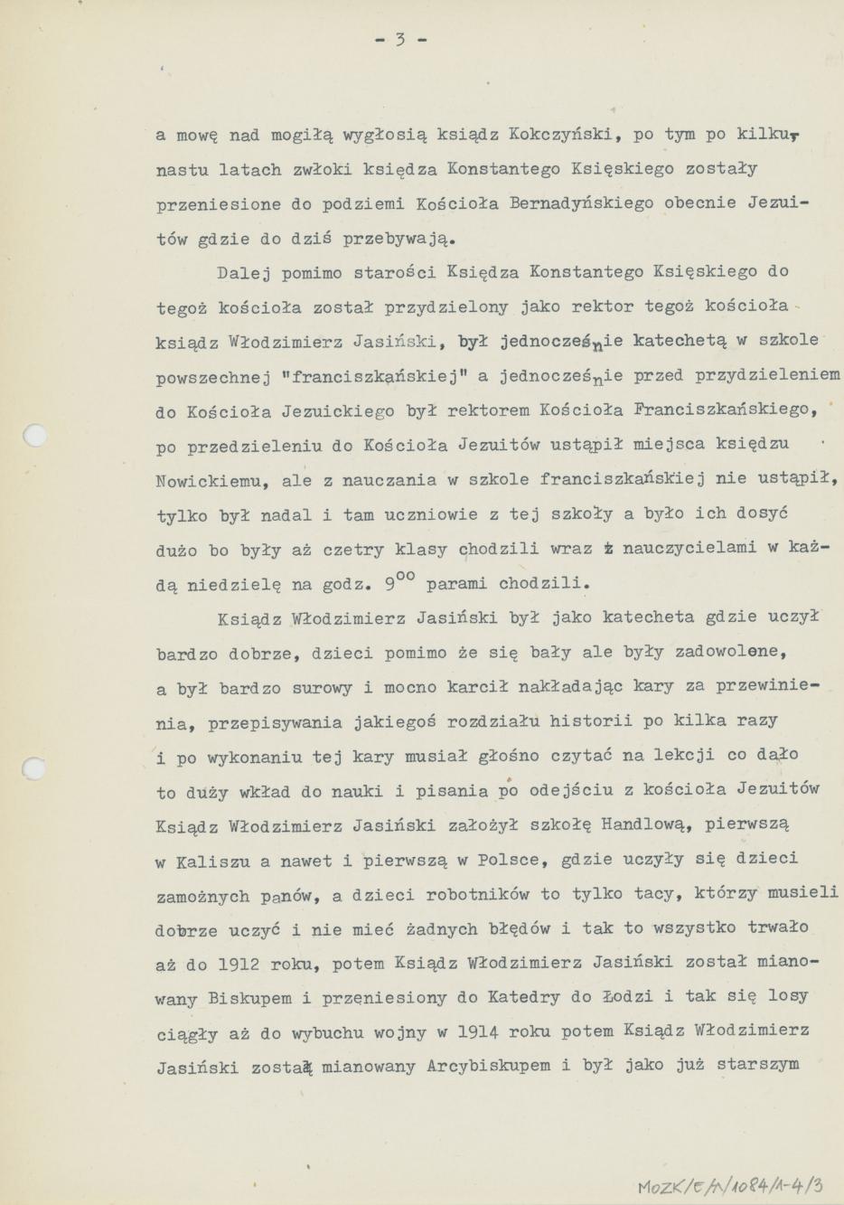 Opisy przeżycia księdza Konstantego Księskiego, Arcybiskupa  księdza Włodzimierza Jasińskiego w Kaliszu