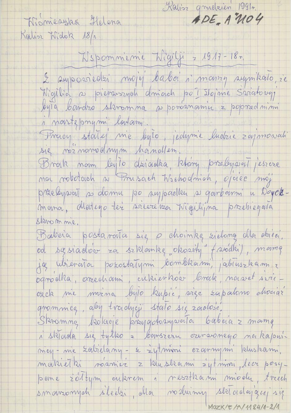 Wspomnienie Wigilii z 1917-18 r.