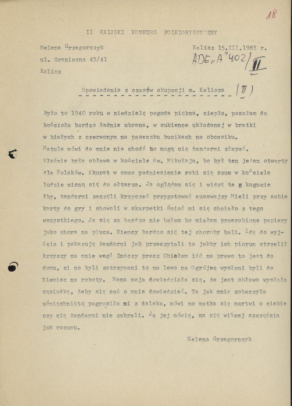 Opowiadanie z czasów okupacji m. Kalisza
