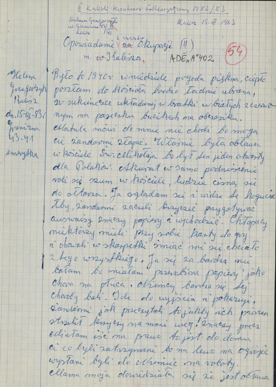 Opowiadanie z czasów okupacji m. Kalisza