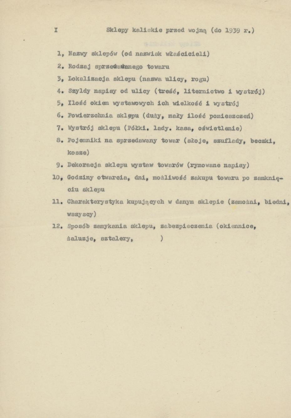 Sklepy kaliskie przed wojną - kwestionariusz