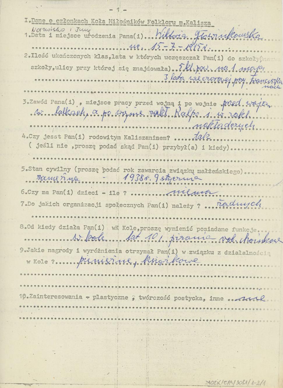 Wiktoria Głowinkowska - kwestionariusz osobowy