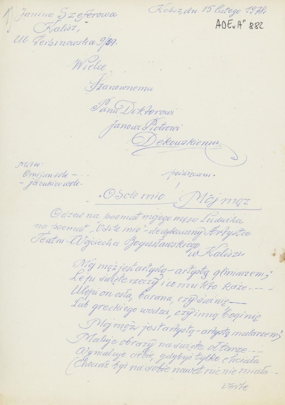 Wielce Szanownemu Panu Doktorowi Janowi Piotrowi Dekowskiemu