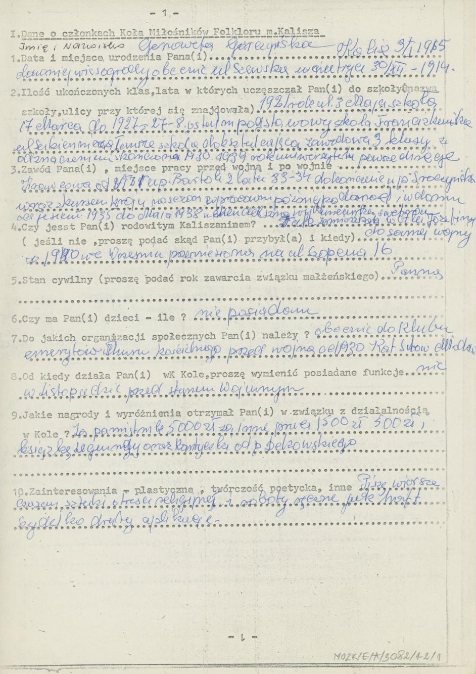 Genowefa Górczyńska - kwestionariusz osobowy