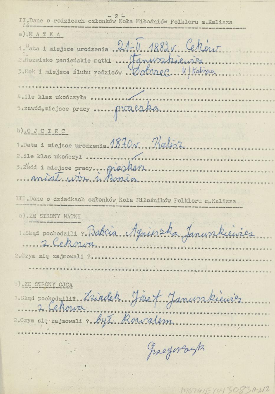 Helena Grzegorczyk - kwestionariusz osobowy