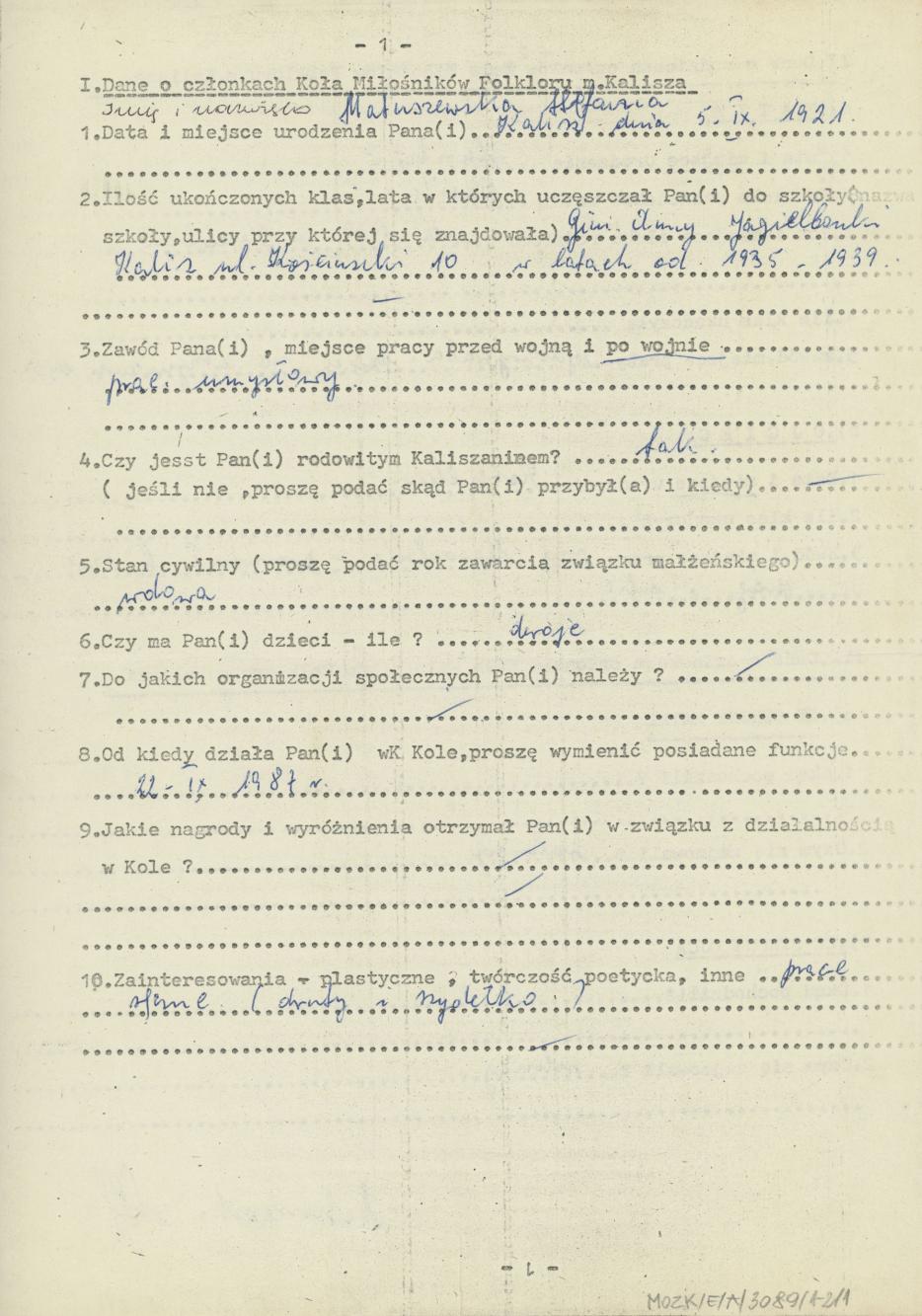 Stefania Matuszewska - kwestionariusz osobowy