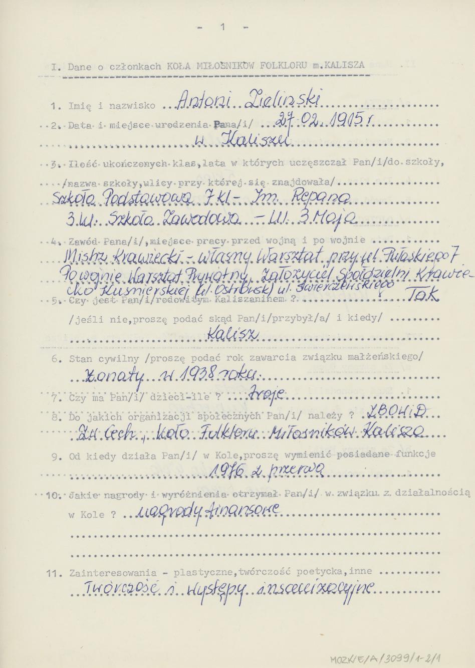 Antoni Zieliński - kwestionariusz osobowy