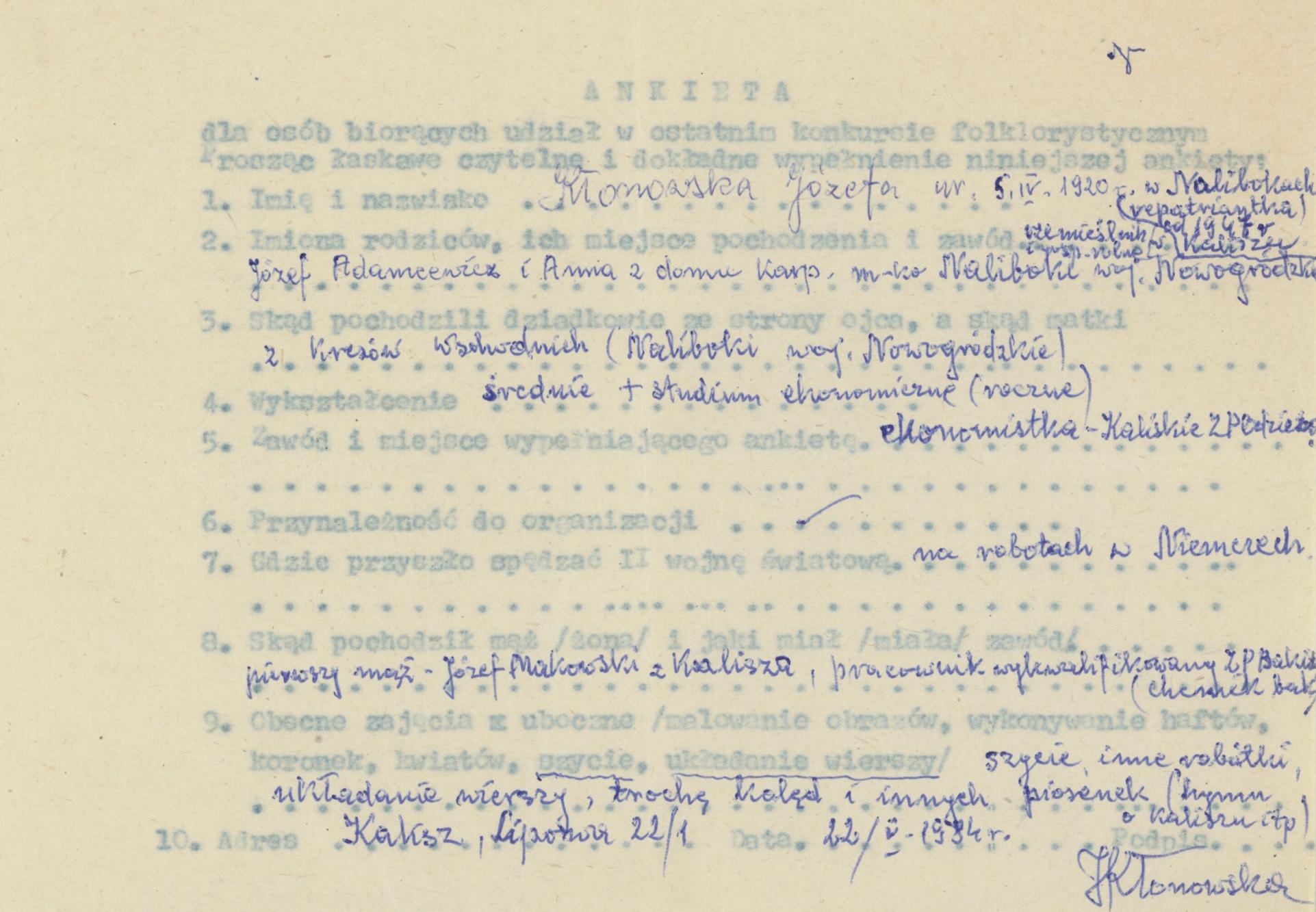 Józefa Kłonowska - ankieta osobowa