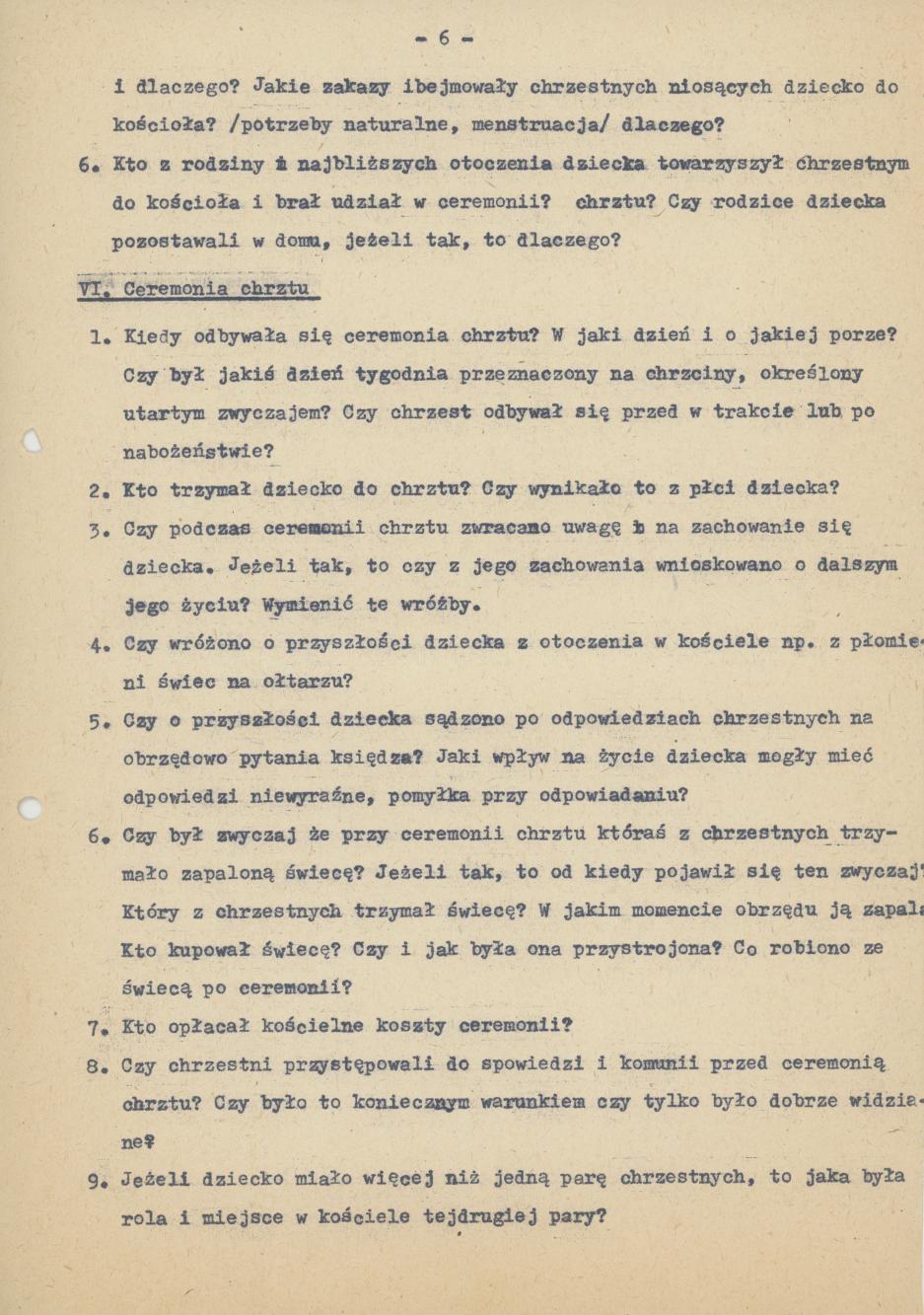 Kwestionariusz do badań nad zwyczajami i wierzeniami związanymi z chrztem dziecka na terenie Kalisza w okresie 1900-1939