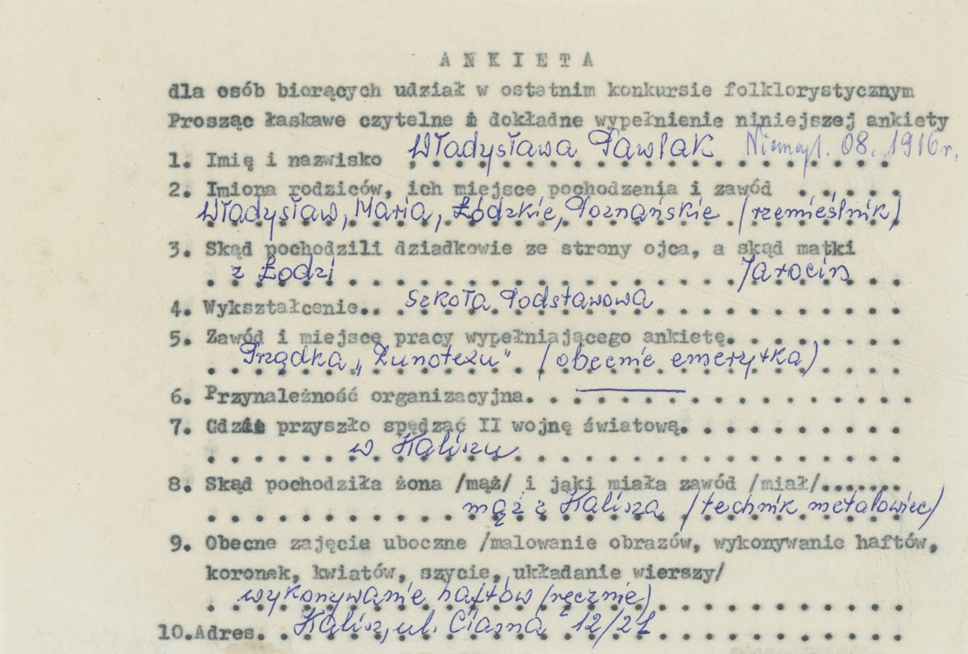 Władysława Pawlak - ankieta osobowa