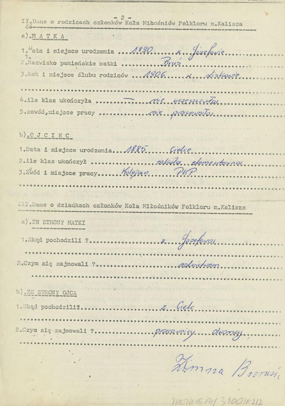 Bronisława Zimna - kwestionariusz osobowy