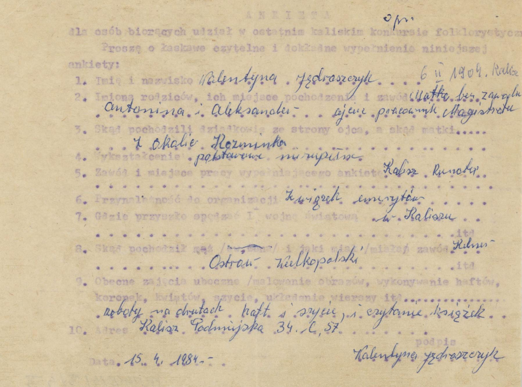 Walentyna Jędraszczyk - ankieta osobowa