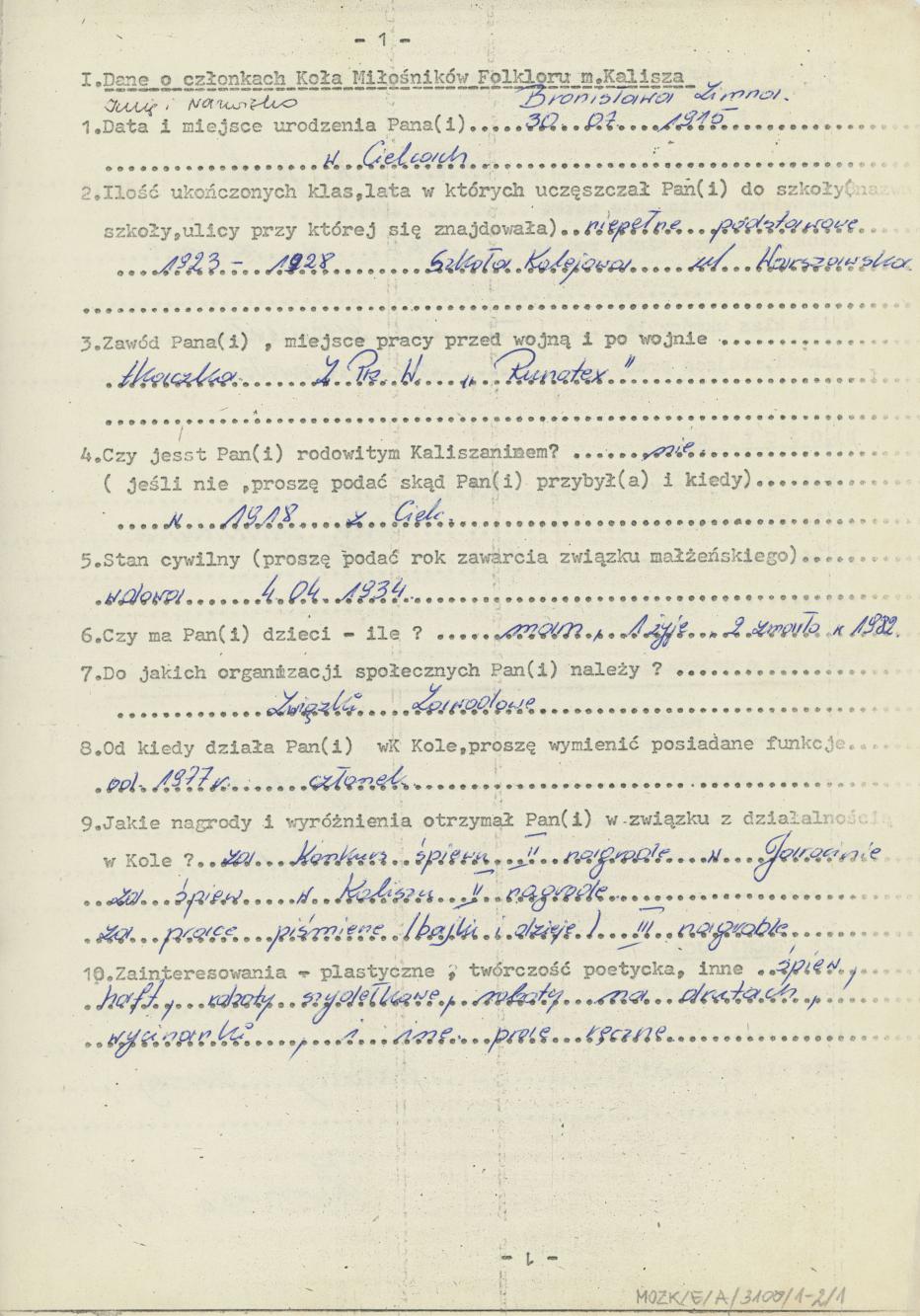 Bronisława Zimna - kwestionariusz osobowy