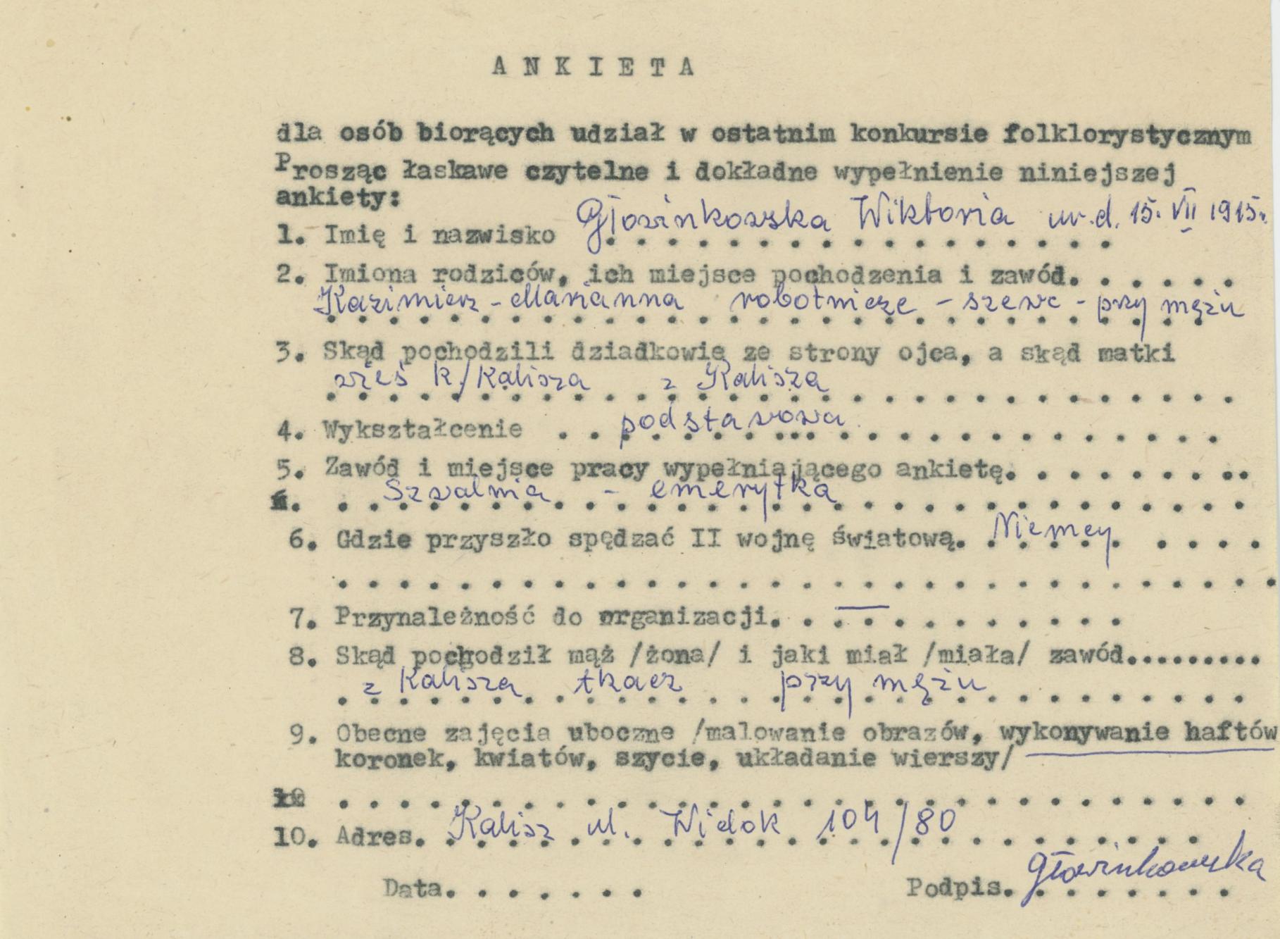 Wiktoria Głowinkowska - ankieta osobowa