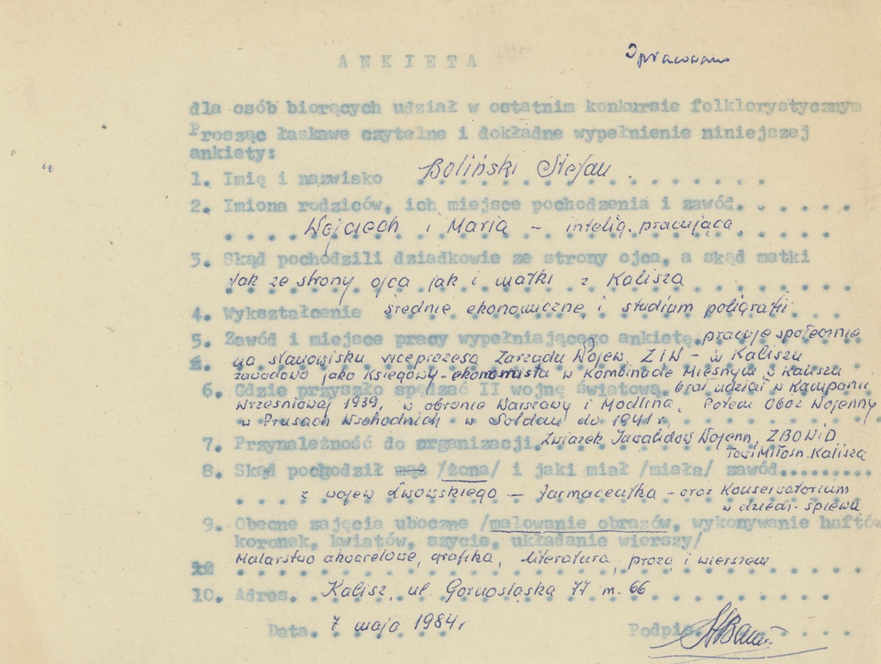 Stefan Boliński - ankieta osobowa