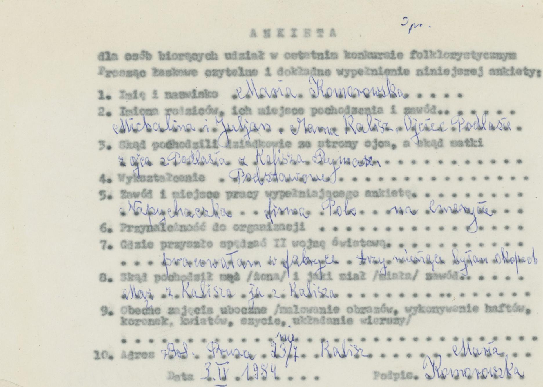 Maria Komorowska - ankieta osobowa