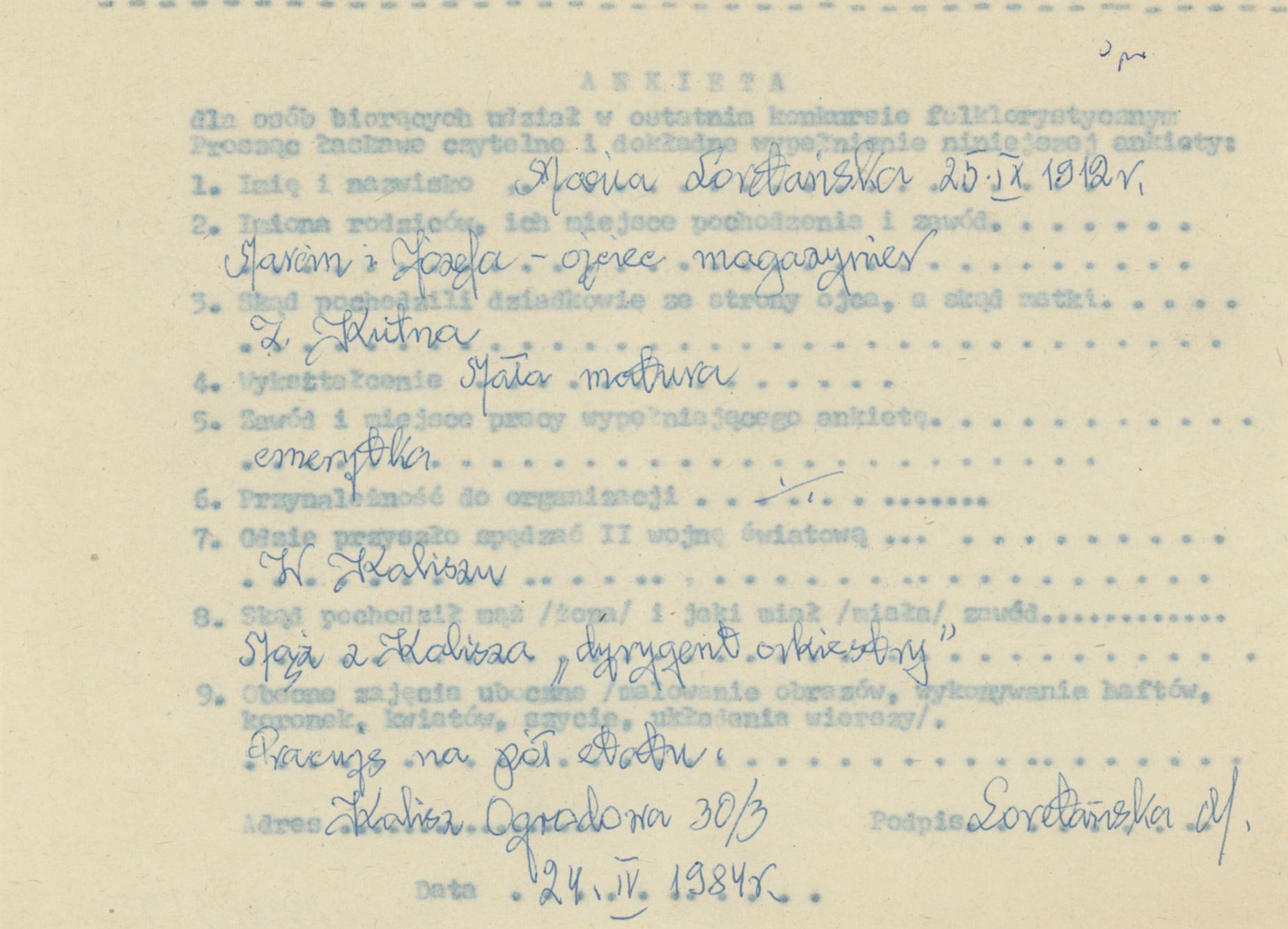 Maria Loretańska - ankieta osobowa