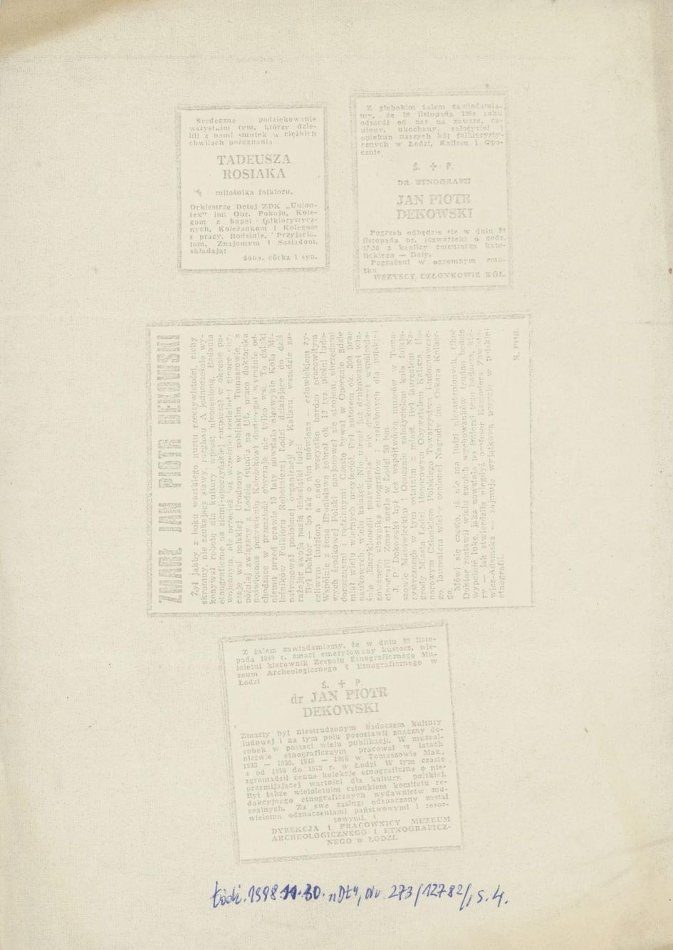 Jan Piotr Dekowski - nekrolog