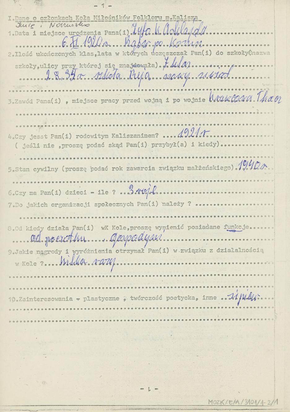 Adelajda Żyto - kwestionariusz osobowy