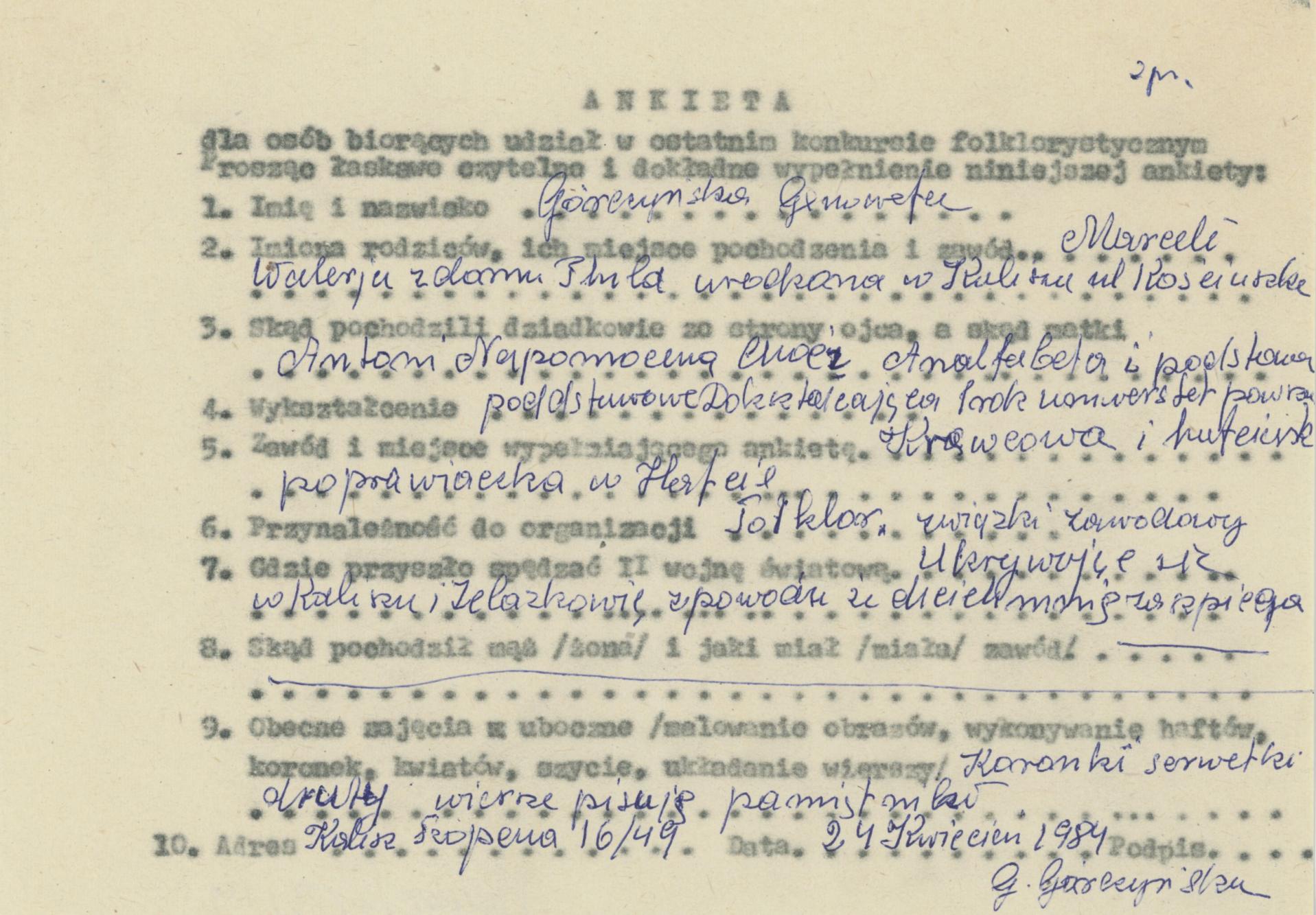 Genowefa Górczyńska - ankieta osobowa