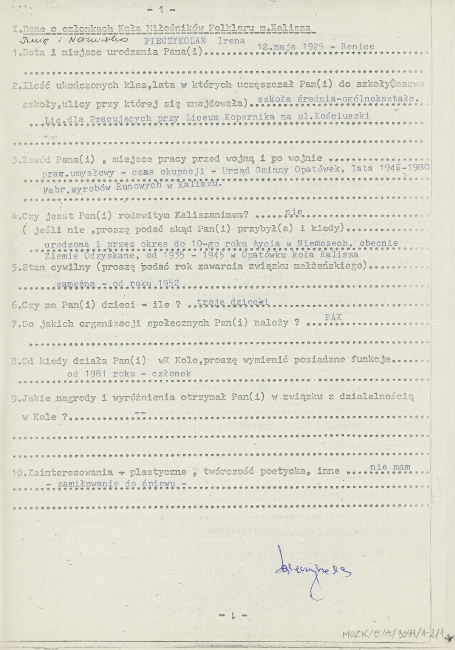 Irena Pieczykolan - kwestionariusz osobowy