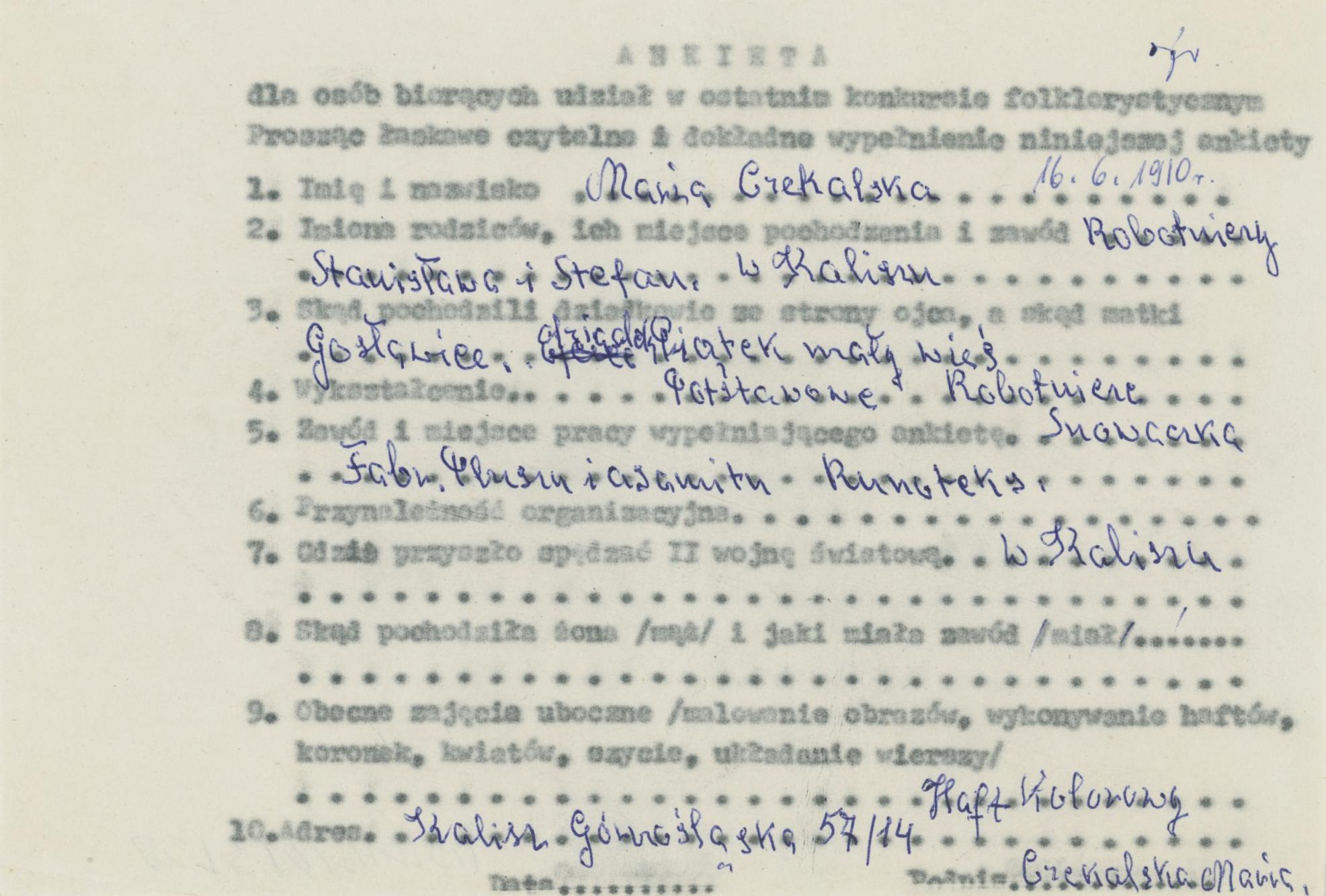 Maria Czekalska - ankieta osobowa