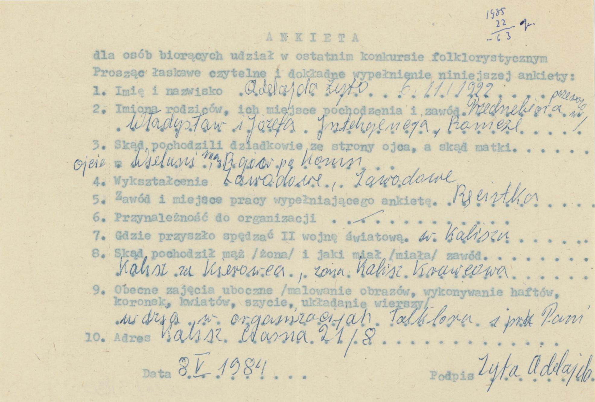 Adelajda Żyto - ankieta osobowa