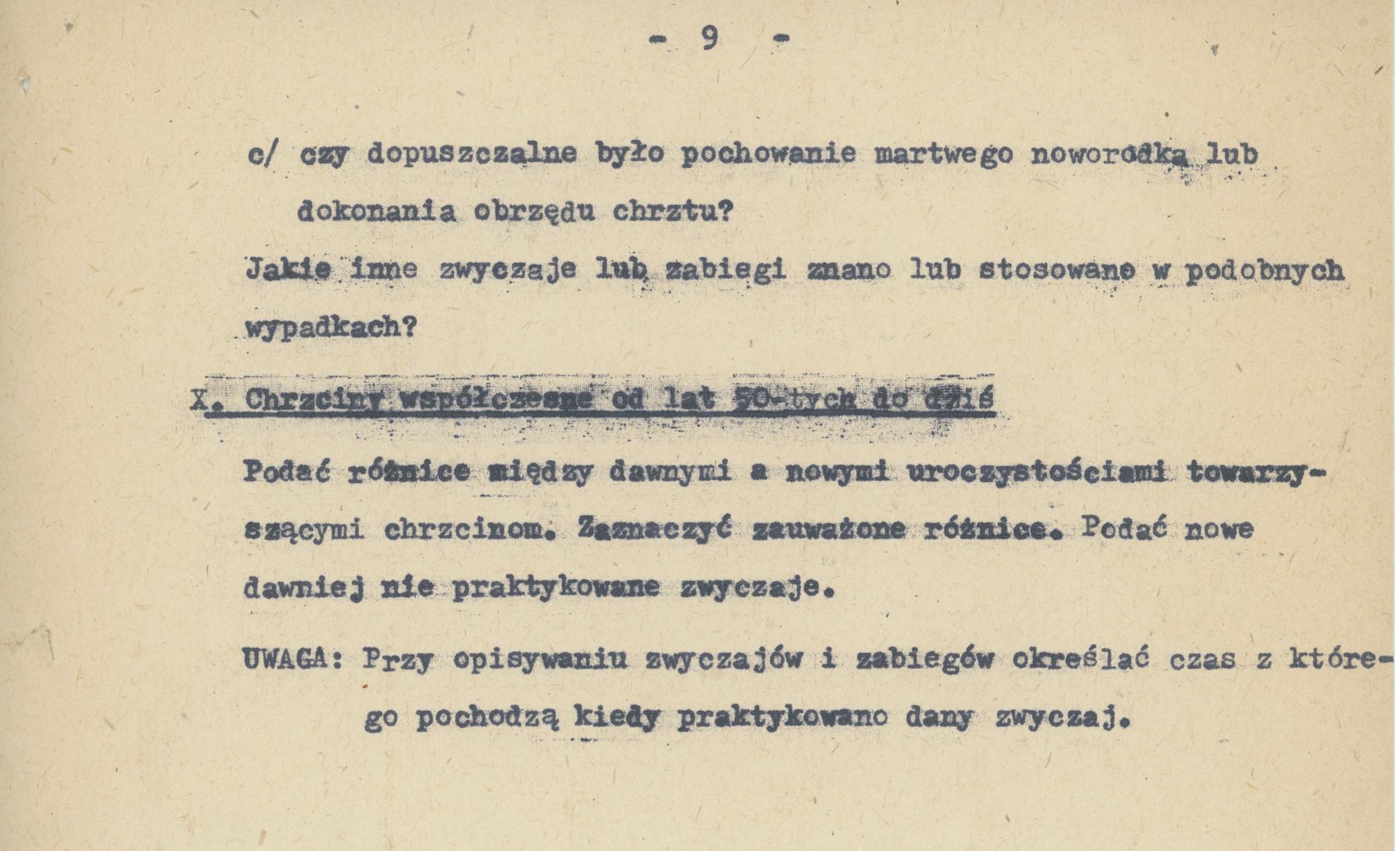 Kwestionariusz do badań nad zwyczajami i wierzeniami związanymi z chrztem dziecka na terenie Kalisza w okresie 1900-1939
