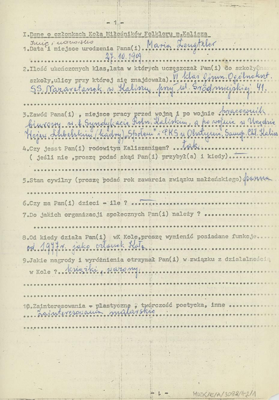 Maria Zengteler - kwestionariusz osobowy