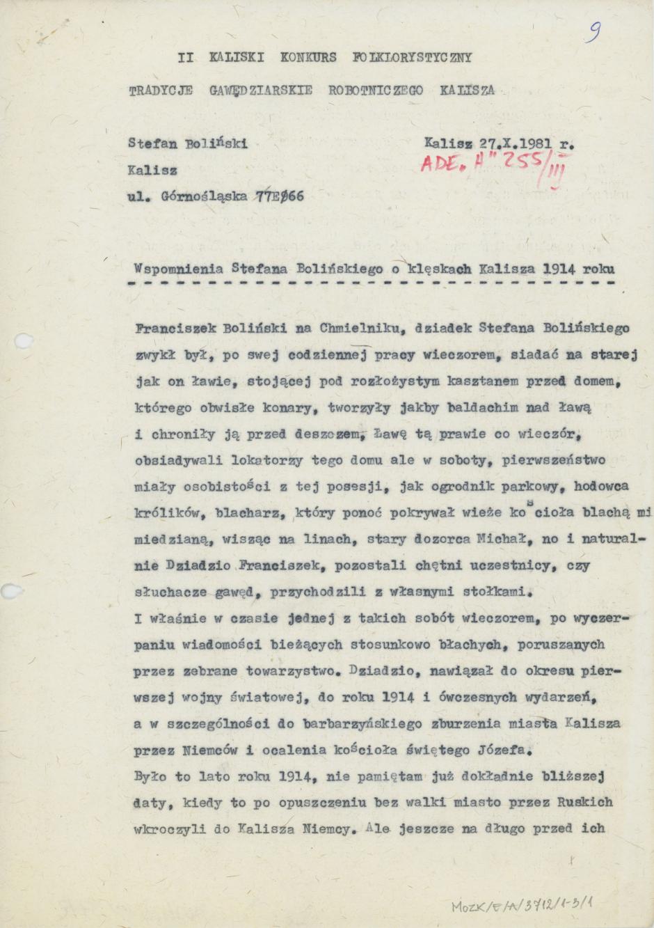 Wspomnienia Stefana Bolińskiego o klęskach Kalisza 1914 roku