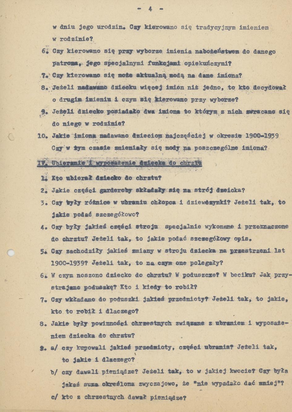 Kwestionariusz do badań nad zwyczajami i wierzeniami związanymi z chrztem dziecka na terenie Kalisza w okresie 1900-1939