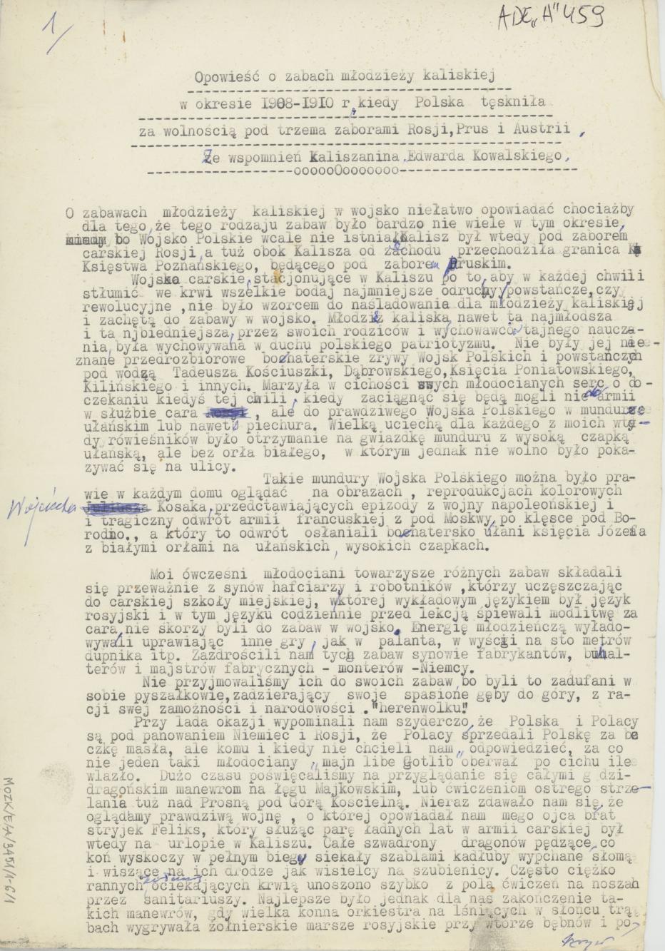 Opowieść o zabawach młodzieży kaliskiej w okresie 1908-1910 r.