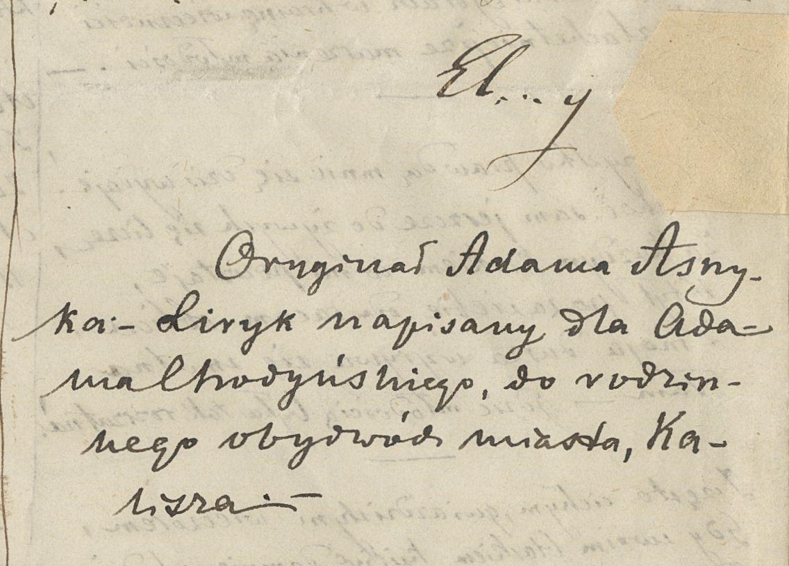 Rękopis Adama Asnyka z wierszem "Rodzinnemu Miastu"