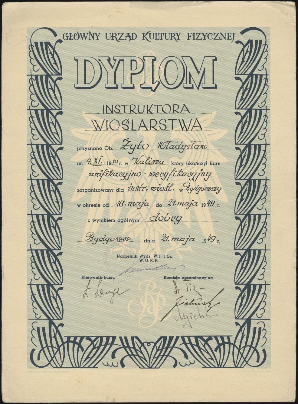 Dyplom Instruktora Wioślarstwa dla ob[ywatela] Władysława Żyto