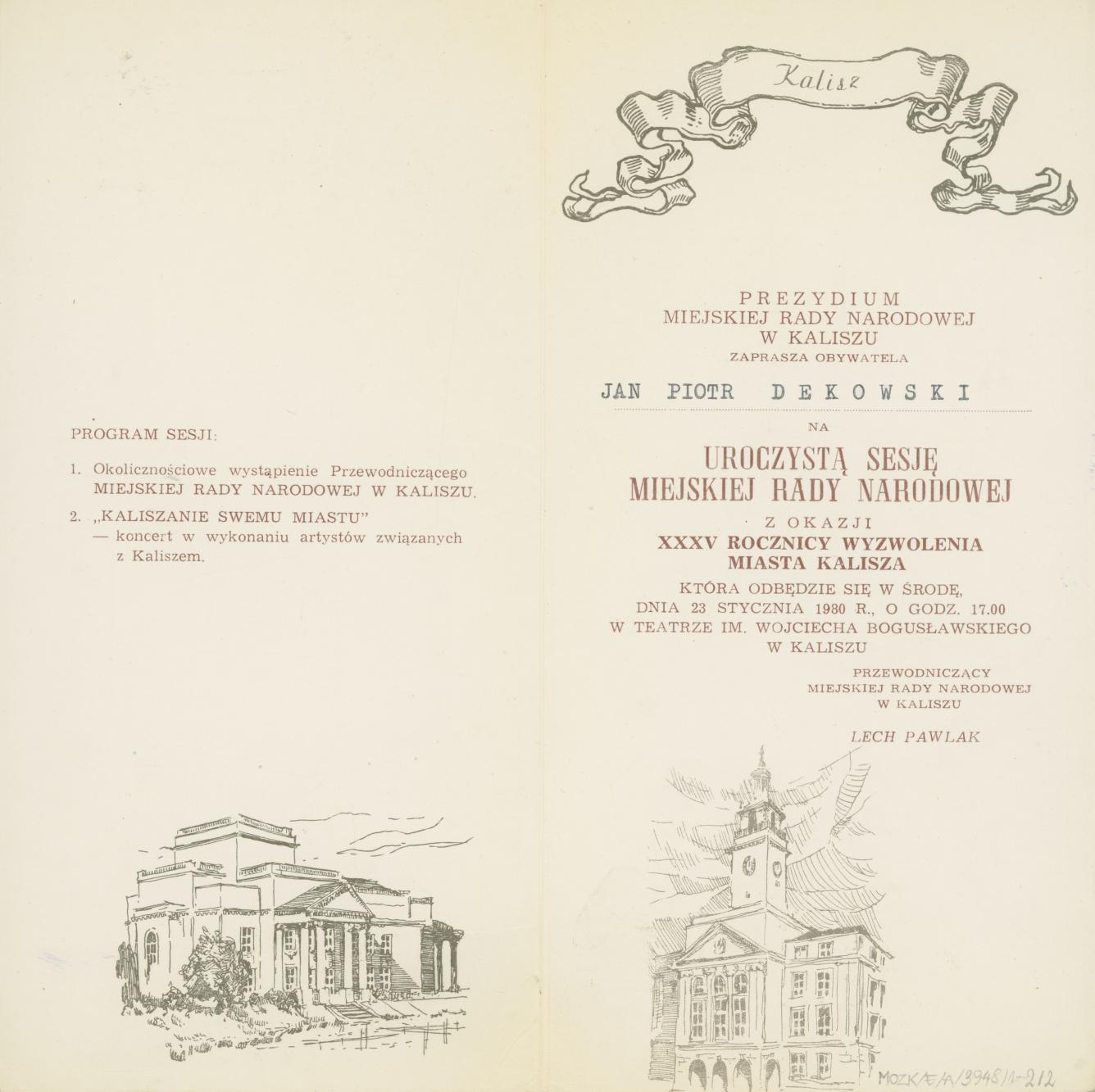 Zaproszenie na sesję Miejskiej Rady Narodowej w Kaliszu dla Jana Piotra Dekowskiego