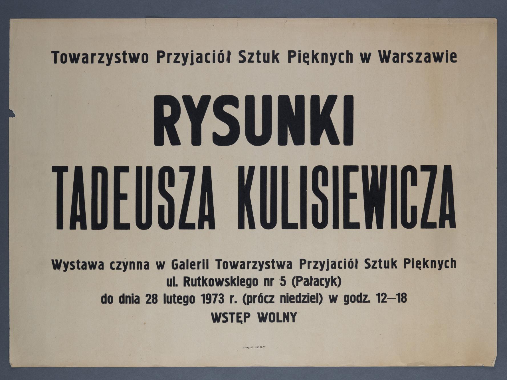 Plakat wystawy „Rysunki Tadeusza Kulisiewicza”, Towarzystwo Przyjaciół Sztuk Pięknych w Warszawie