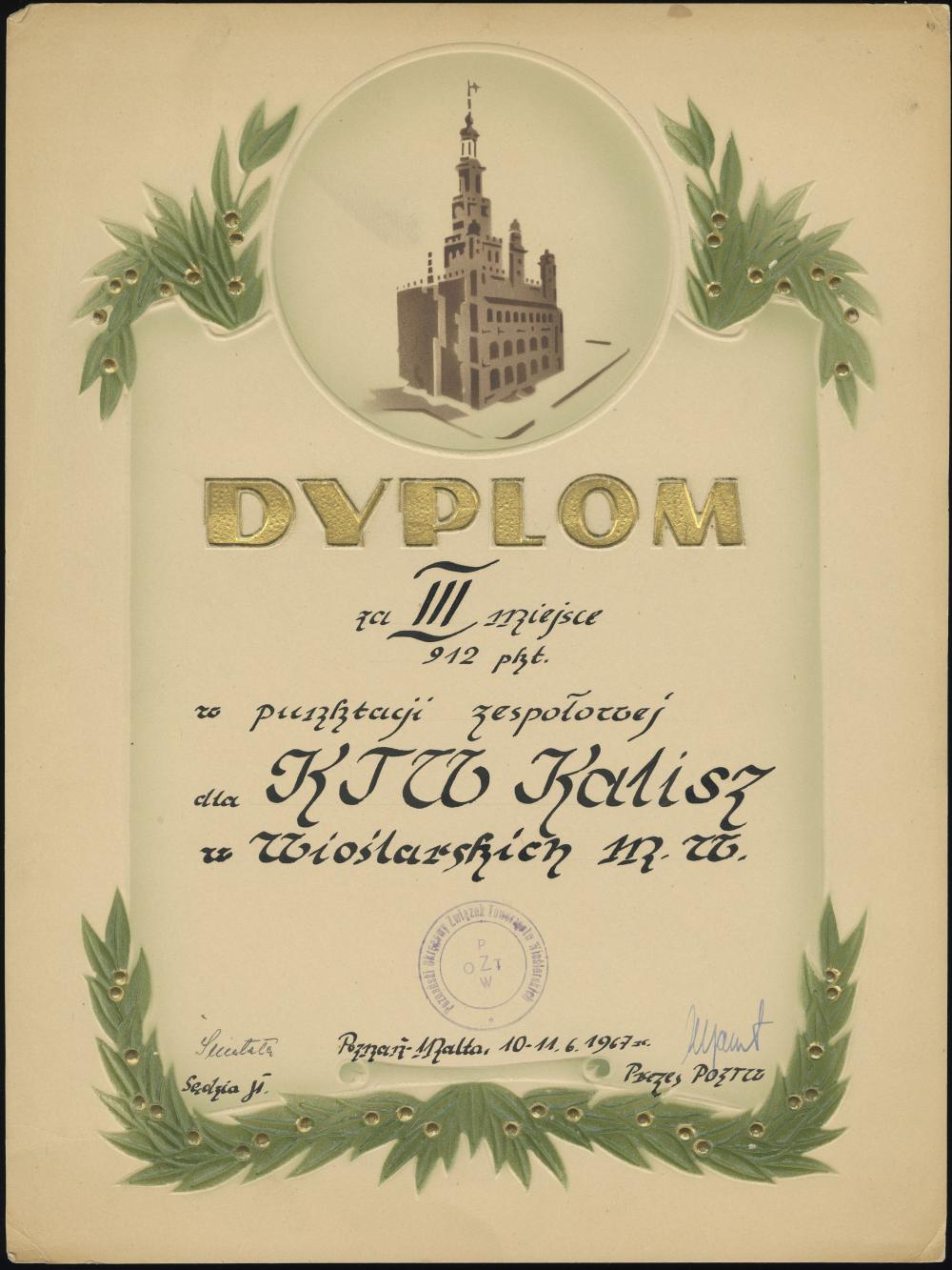 Dyplom za III miejsce (912 pkt.) w punktacji zespołowej dla KTW Kalisz