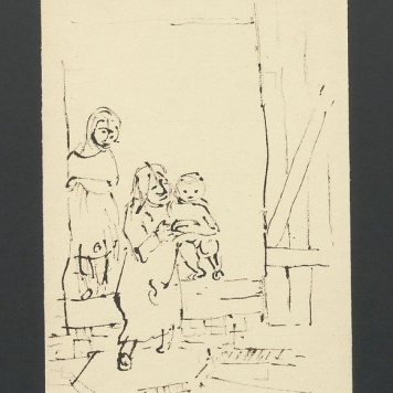 Kobiety z dzieckiem; mężczyzna z młotkiem