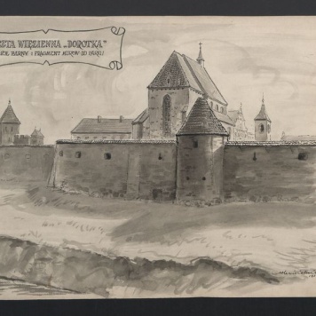 Kalisz - baszta "Dorotka", kościół farny i fragment murów od strony parku (próba rekonstrukcji)