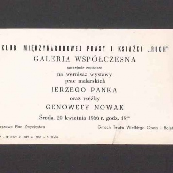 Zaproszenie na wernisaż wystawy prac malarskich Jerzego Panka oraz rzeźby Genowefy Nowak