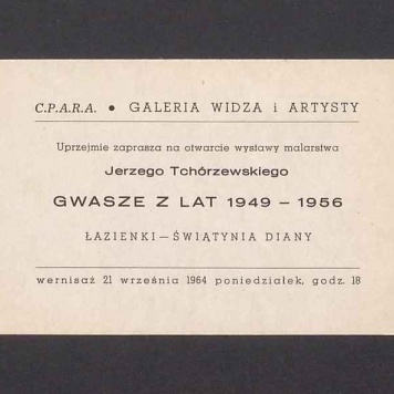 Zaproszenie na otwarcie wystawy malarstwa Jerzego Tchórzewskiego "Gwasze z lat 1949-1956"