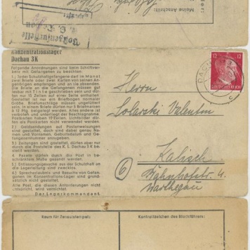 List z obozu koncentracyjnego Dachau przesłany przez więźnia Feliksa Solarskiego do Walentego Solarskiego 