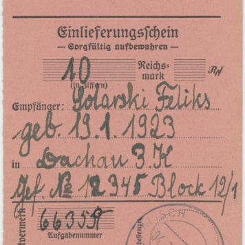 Pokwitowanie pocztowe - przekaz pieniężny Feliksa Solarskiego 