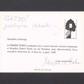 Informacja o zaprezentowaniu dzieła artysty w Wiejskiej Galerii Sztuki w Petrykozach