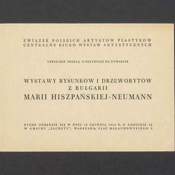 Zaproszenie na otwarcie wystawy rysunków i drzeworytów z Bułgarii Marii Hiszpańskiej-Neumann