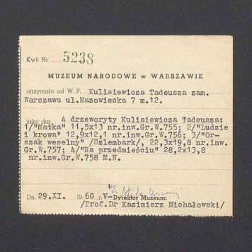 Poświadczenie darowizny prac Tadeusza Kulisiewicza dla Muzeum Narodowego w Warszawie 